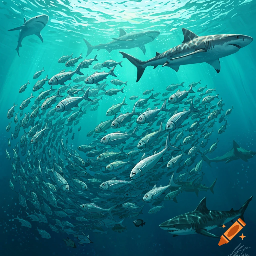A large school of fish swimming together while being approached by several sharks underwater.