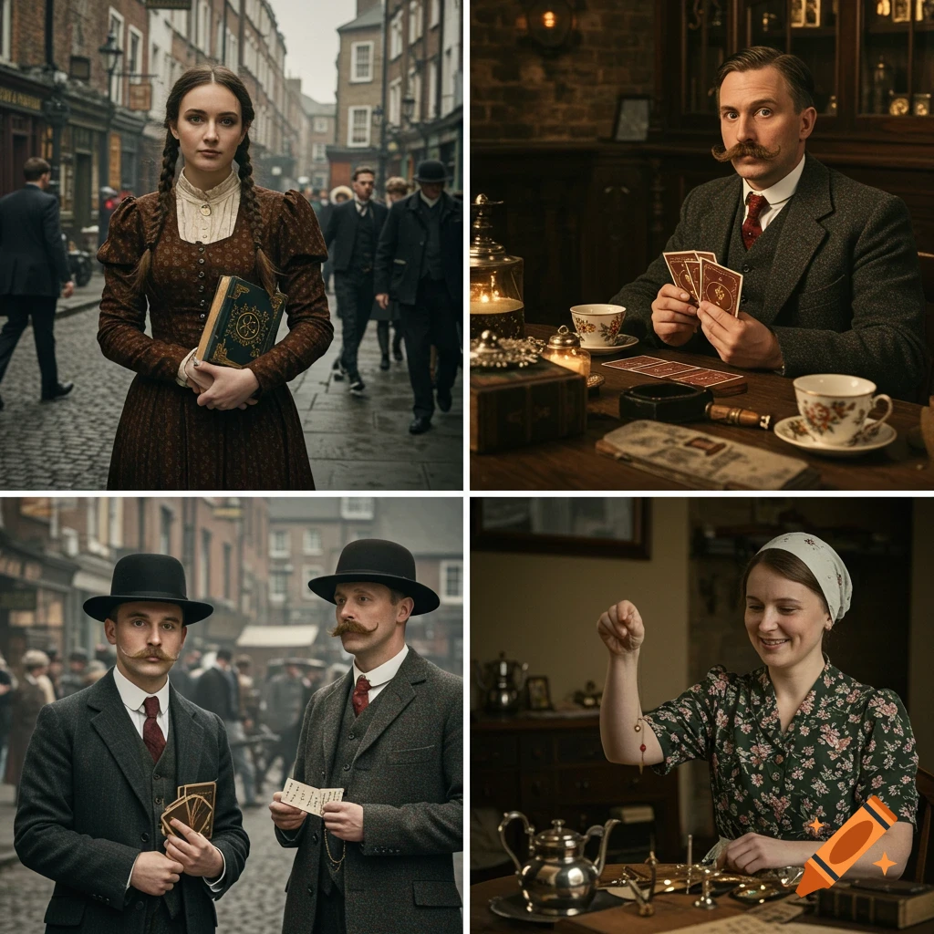 Four panels showing people in 1900s clothing engaged in everyday activities: a woman on a street, a man playing cards, two men on a street, a woman crafting.