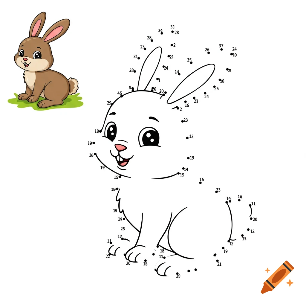 A cute cartoon bunny next to a connect-the-dots outline of a bunny