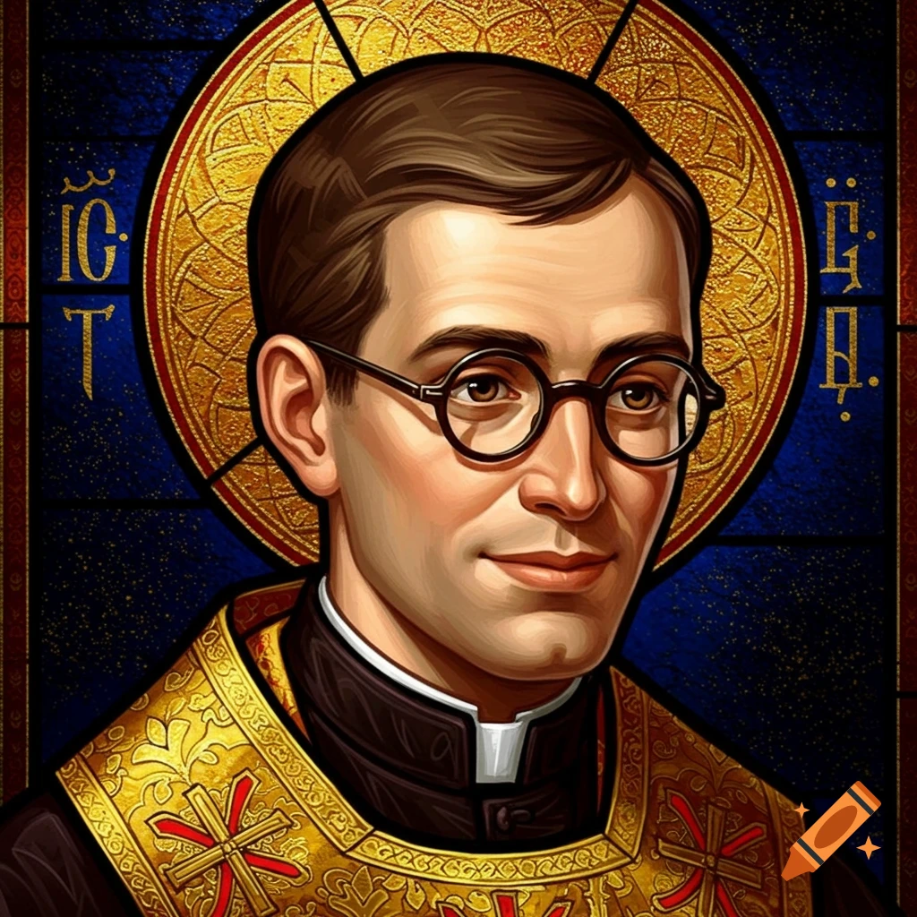 Portrait of a young priest with glasses in a religious art style.
