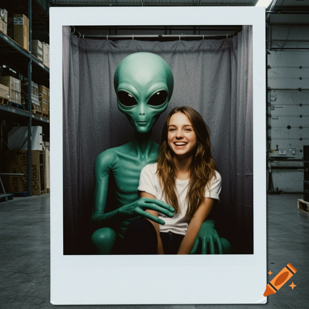 Polaroid photo of a smiling girl and an alien in a photo booth, set against a warehouse background.