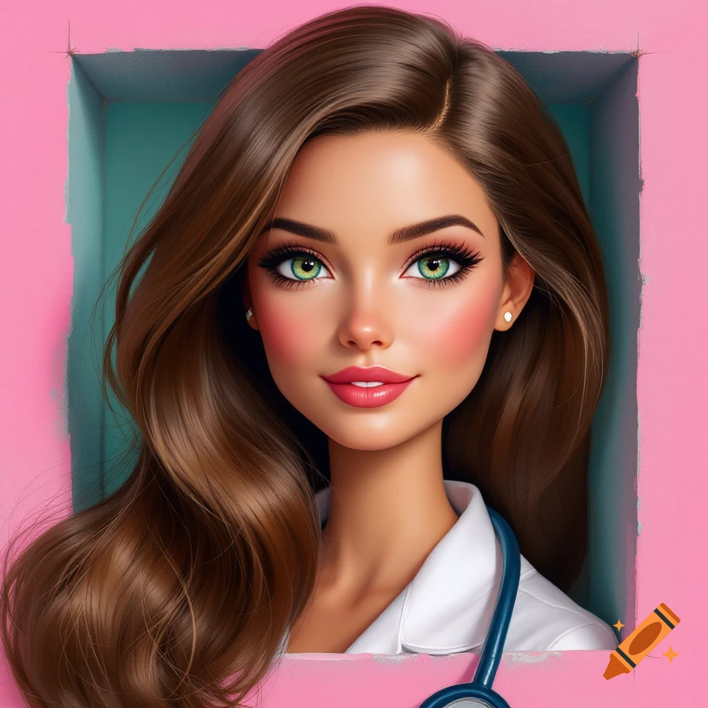 A doll-like woman doctor with brown hair and green eyes in a pink box.