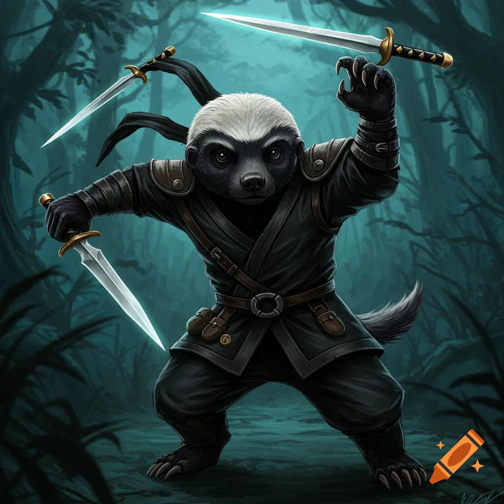A honey badger ninja throws daggers in a forest.