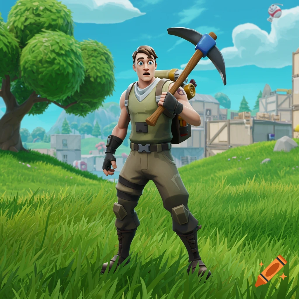 A Fortnite character with a pickaxe stands in a grassy field in front of cartoon buildings.