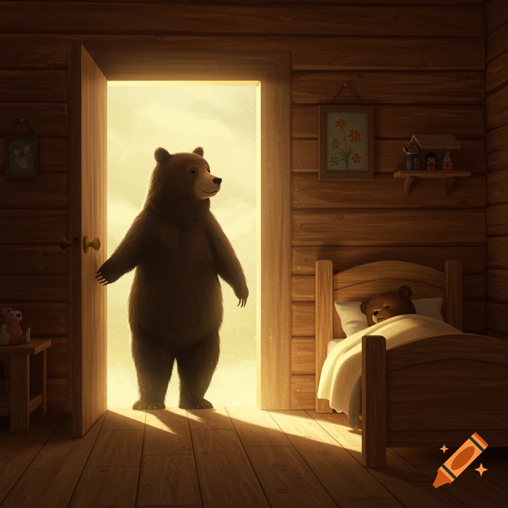 Storybook illustration of a large bear standing in a doorway looking at a cub sleeping in a bed in a wooden room.