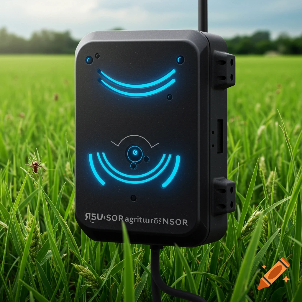 A black agriculture sensor with blue lights in a field of grass.