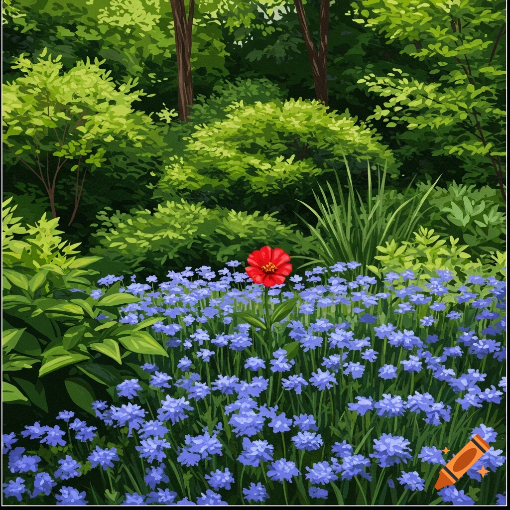 Red flower standing out among blue flowers in a garden.