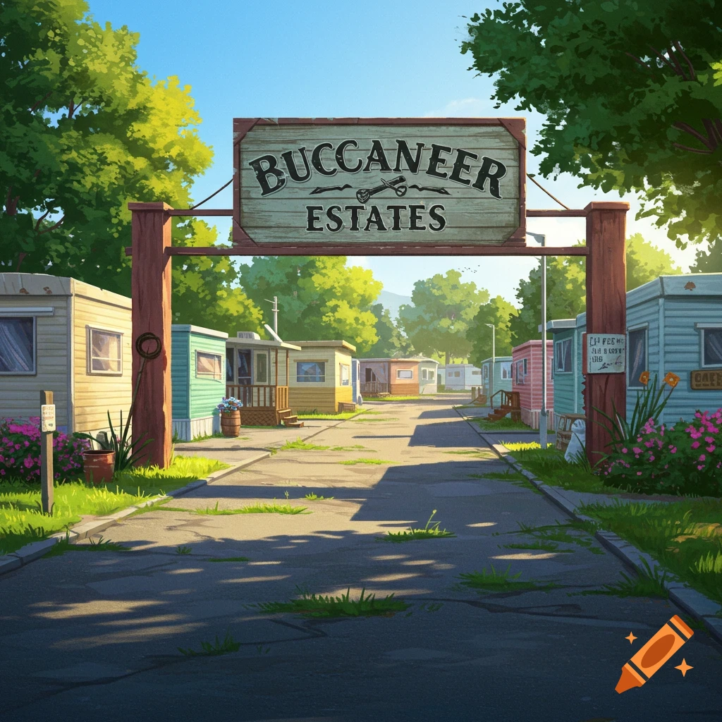 A trailer park entrance with a sign that reads "BUCCANEER ESTATES" on a sunny day.