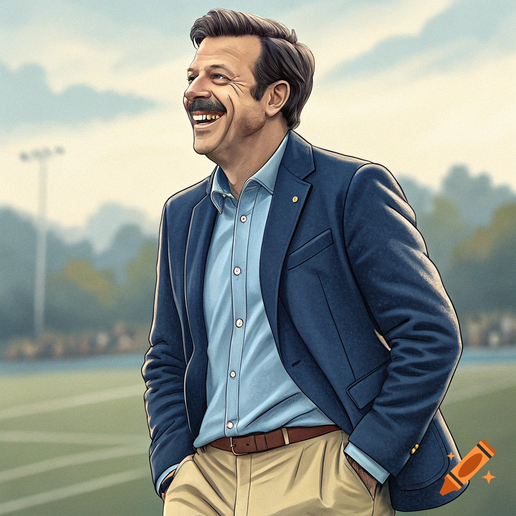 Illustration of Ted Lasso smiling on a sports field, wearing a blue jacket and khakis.