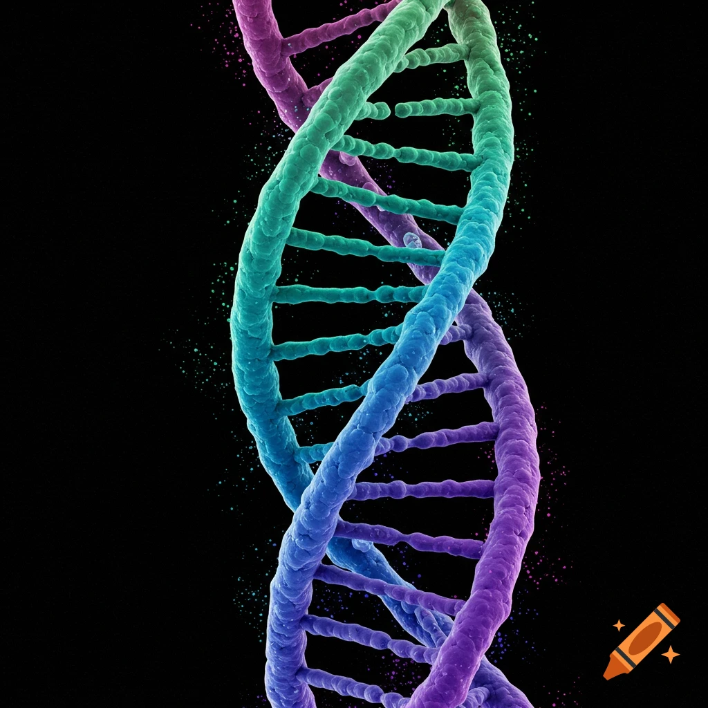 Colorful 3D rendering of a DNA double helix against a black background.