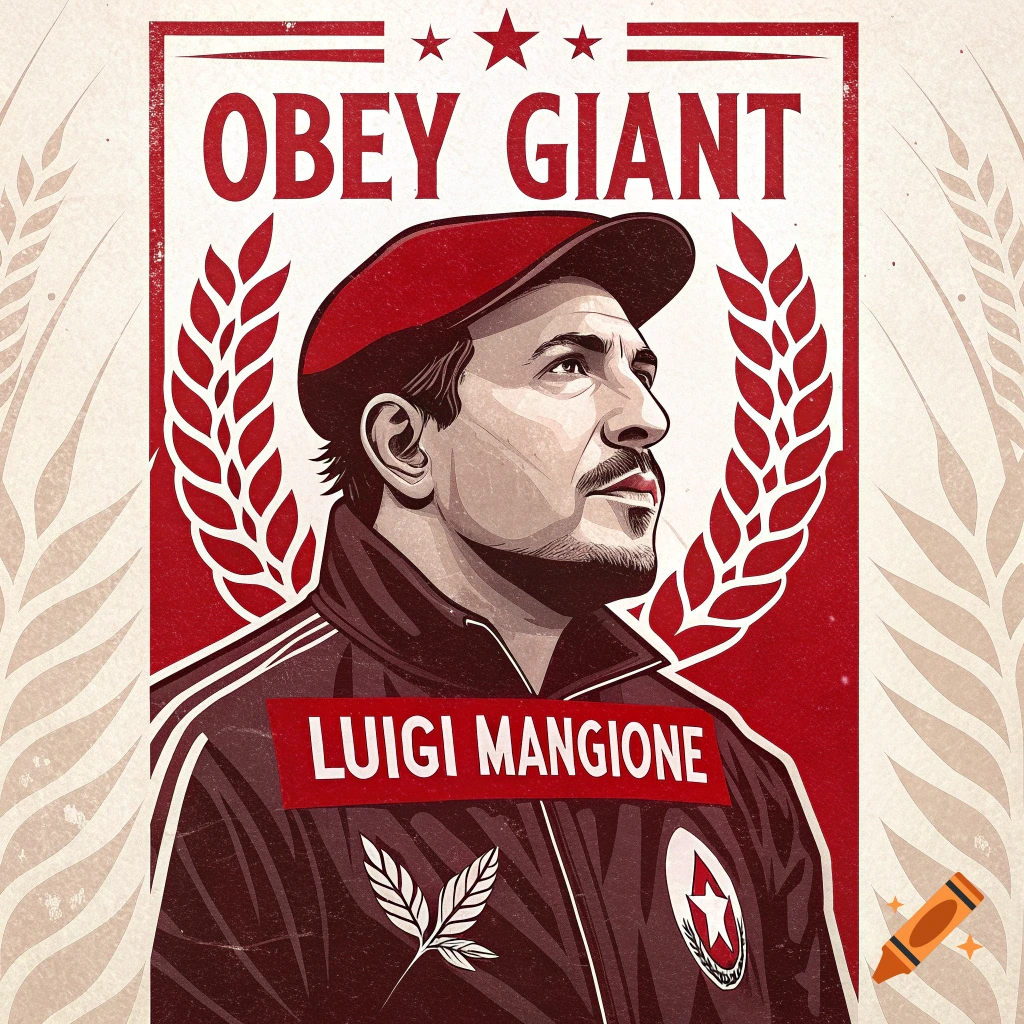 Graphic portrait poster in the style of Shepard Fairey, featuring a man with text 'OBEY GIANT' and 'LUIGI MANGIONE'.