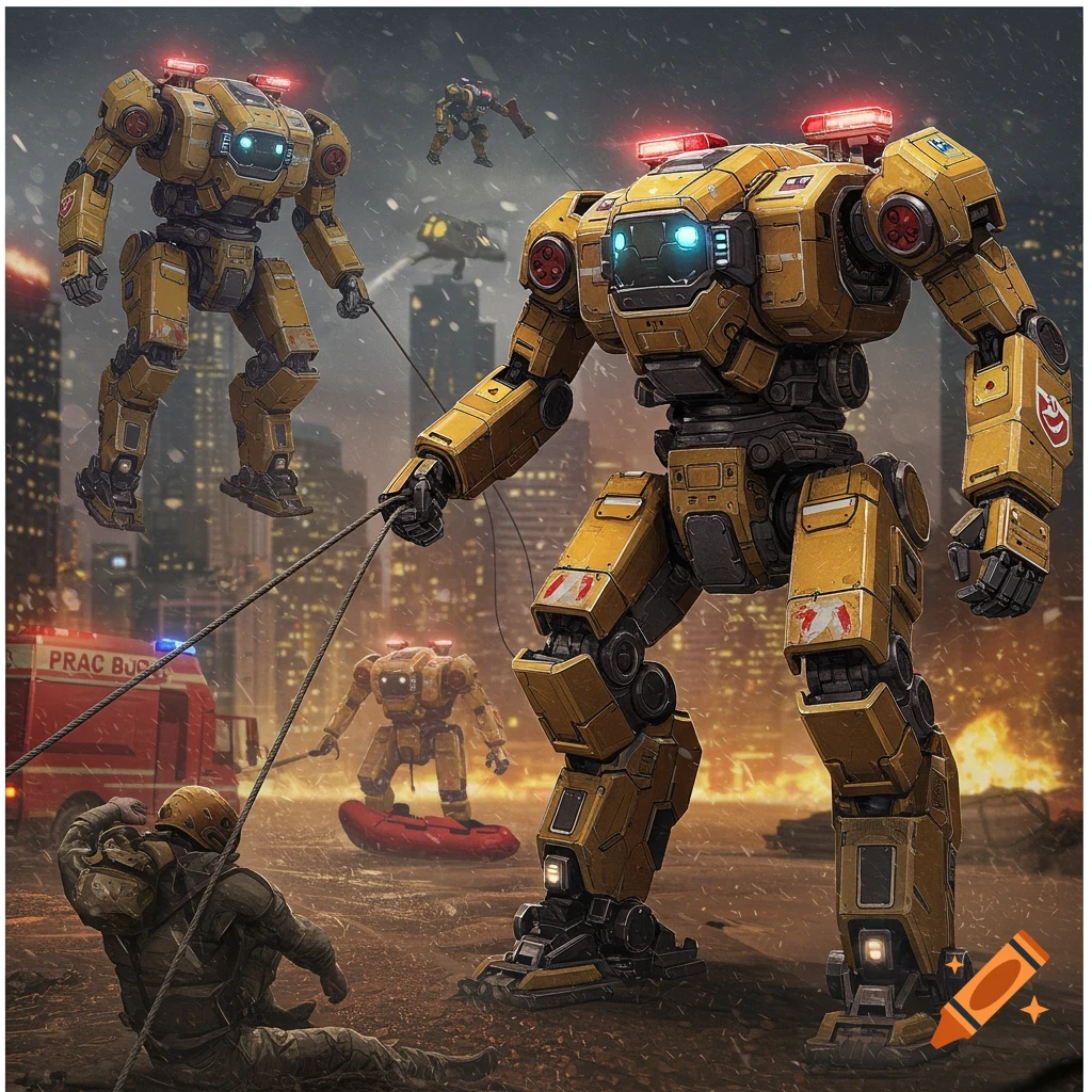 Rescue bots in a city with fire and debris saving a person.