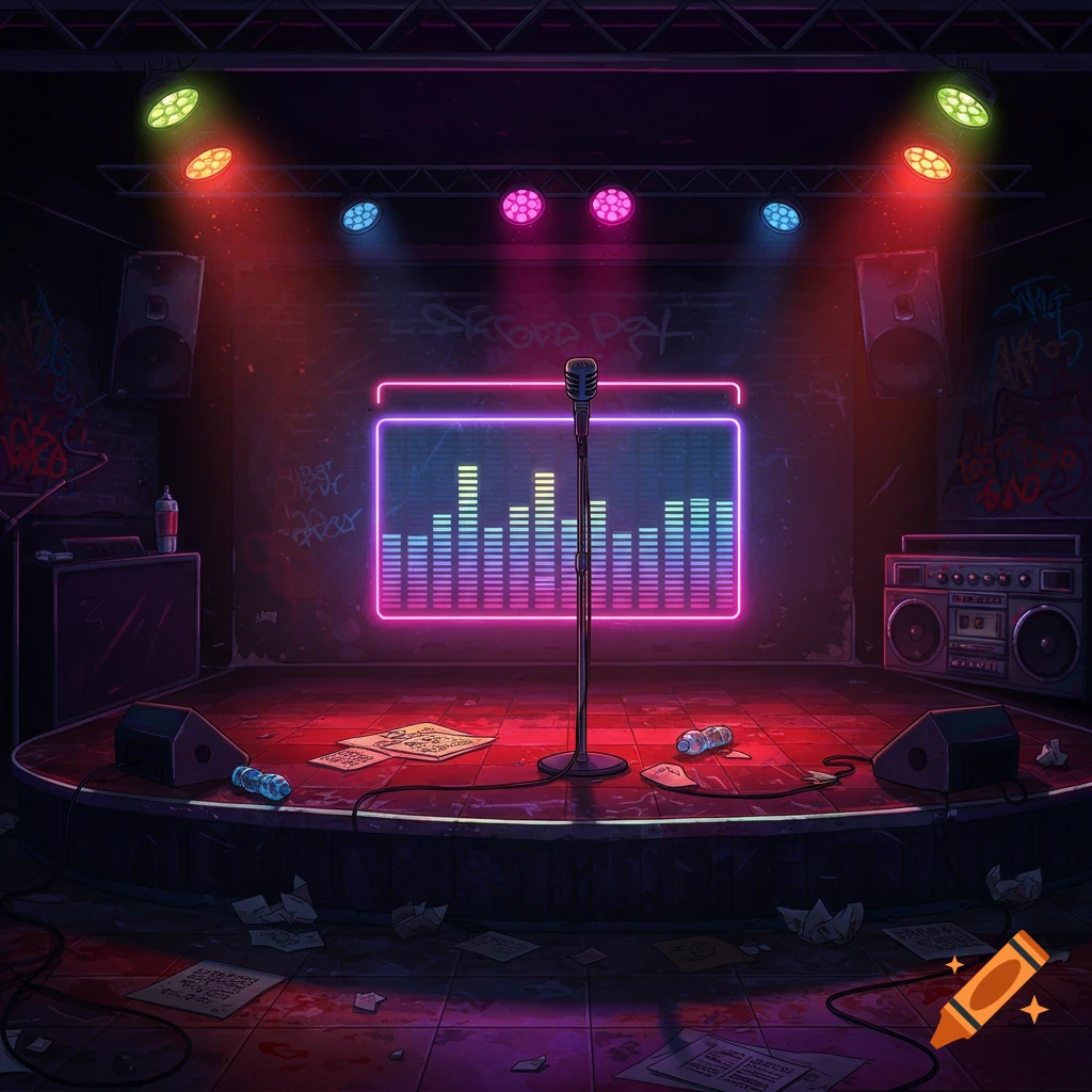 Empty 90s rap battle stage with microphone, boombox, speakers, and lights.