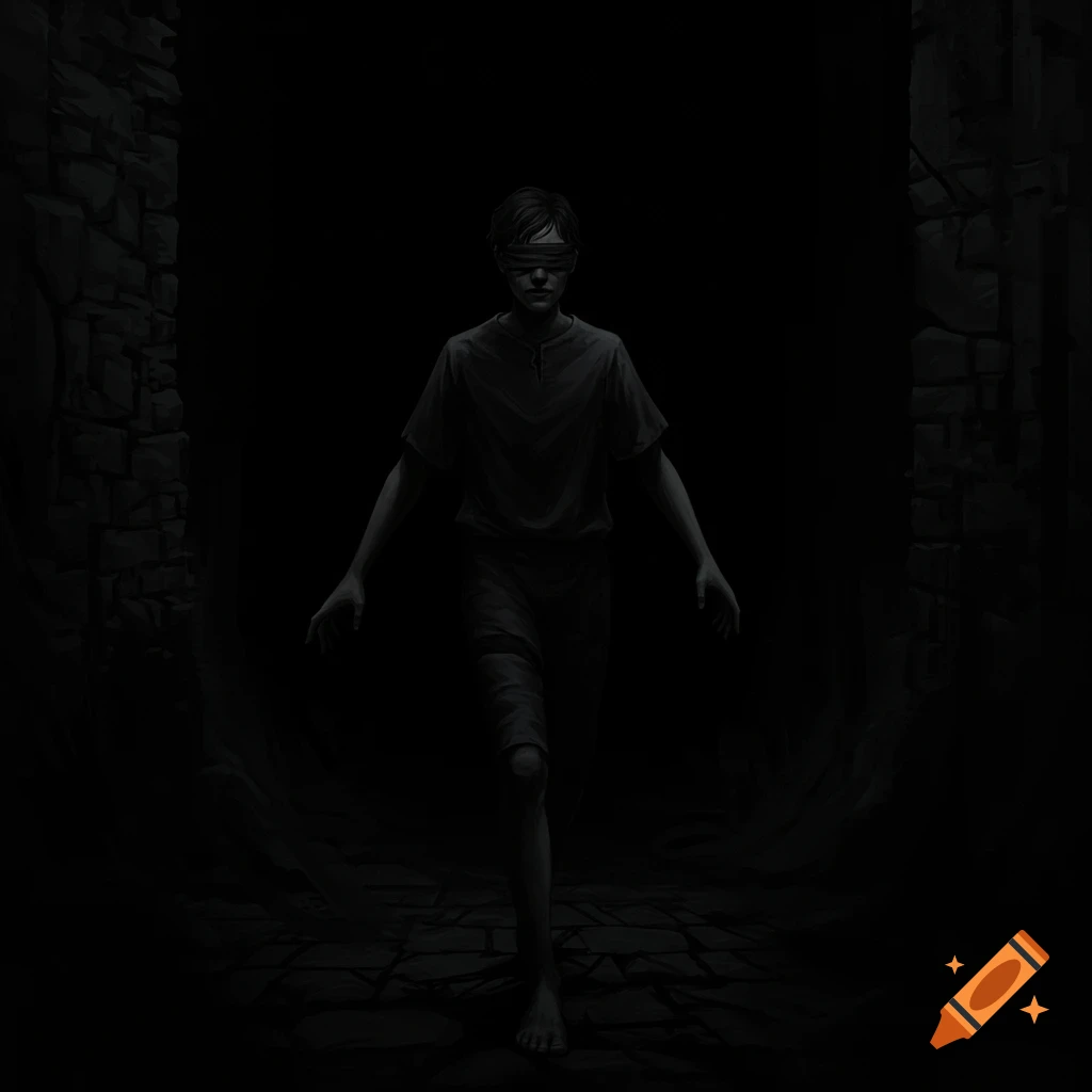 A blindfolded figure stands in a dark, shadowed room with stone walls.