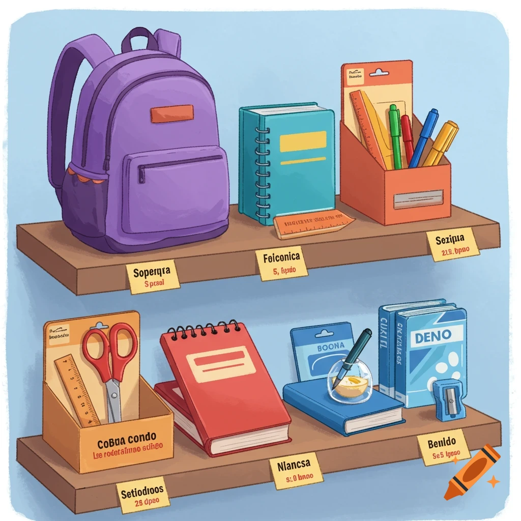School supplies including a backpack, books, pens, scissors, and ruler on store shelves.