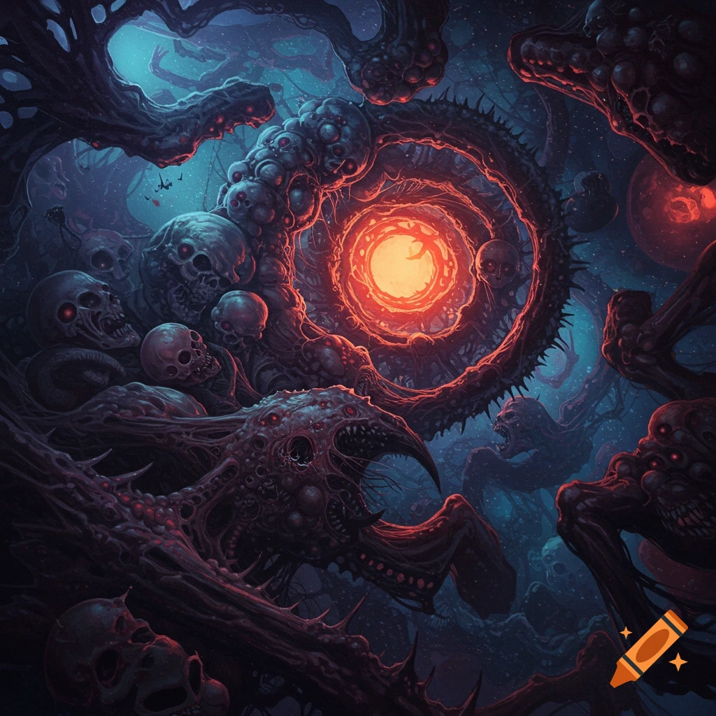 A dark, detailed image of grotesque organic forms, skulls, and monsters surrounding a glowing orange core.