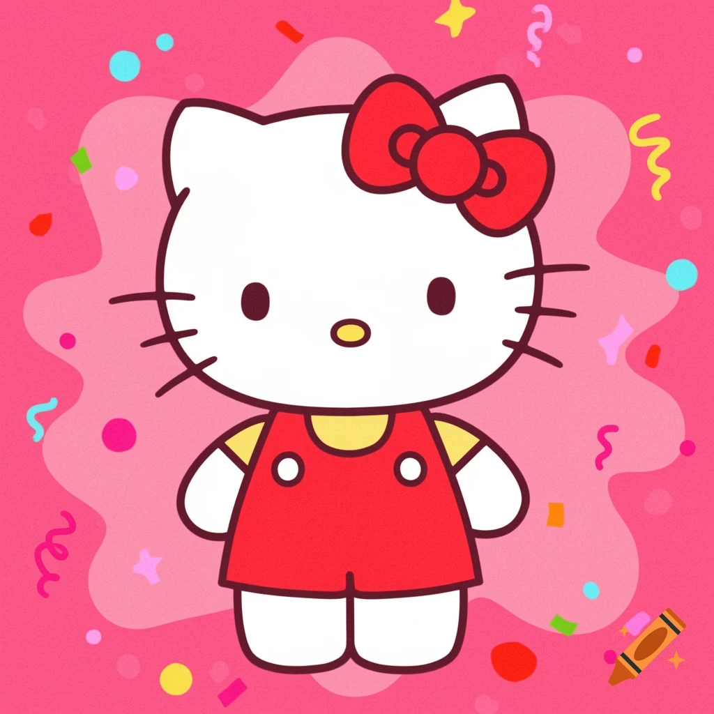A cute cartoon illustration of Hello Kitty with a red bow in a pink background with confetti.