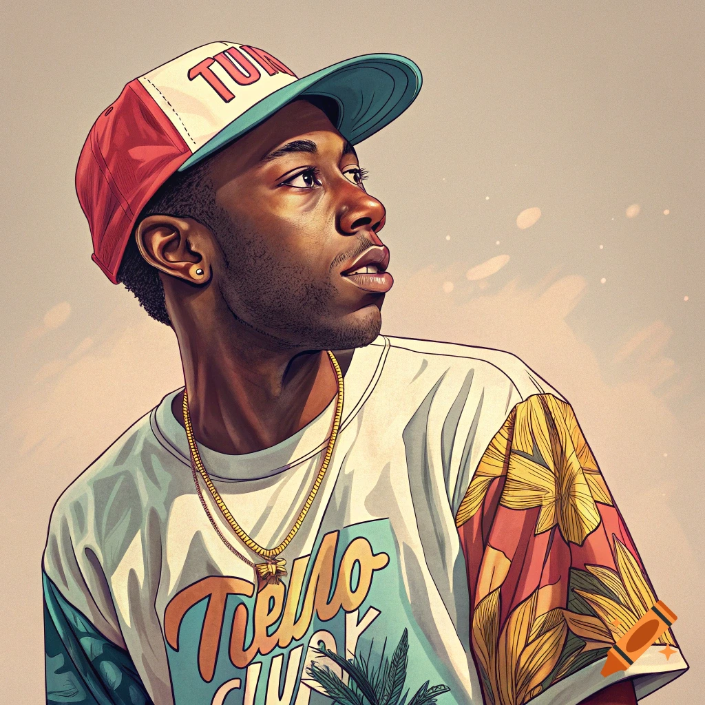 A stylized illustration of a young Black man wearing a baseball cap and a colorful t-shirt, looking up and to the right.