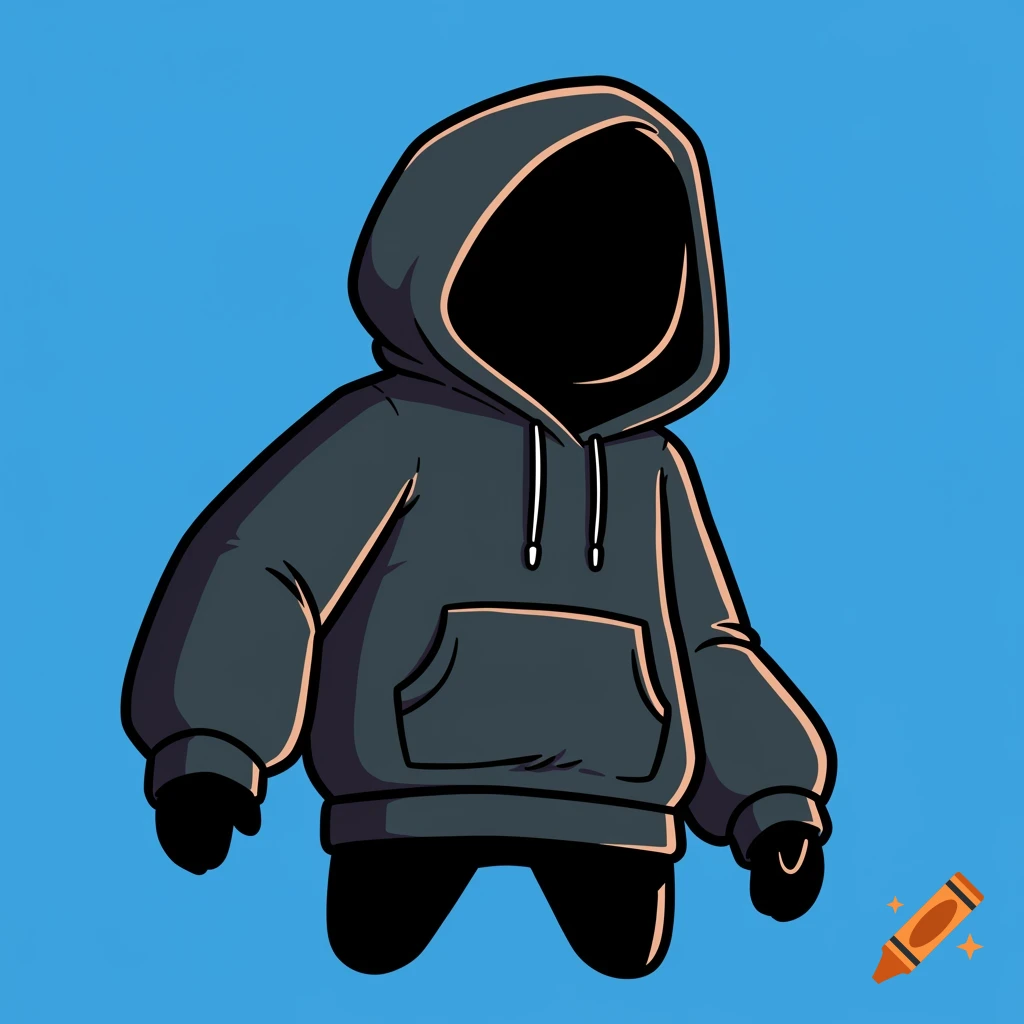 Cartoon character in a dark grey hoodie against a blue background