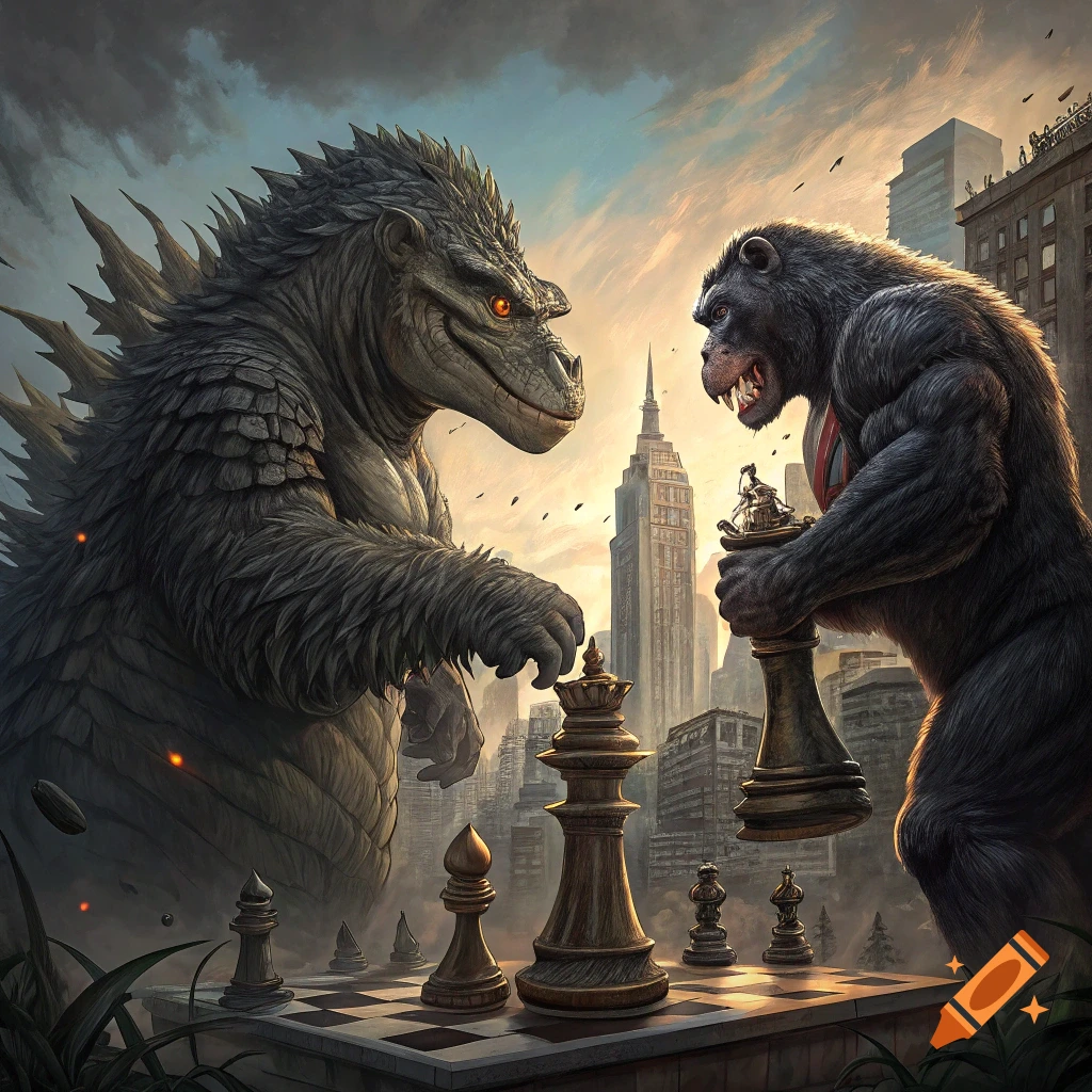 Godzilla and King Kong play chess in a cityscape.