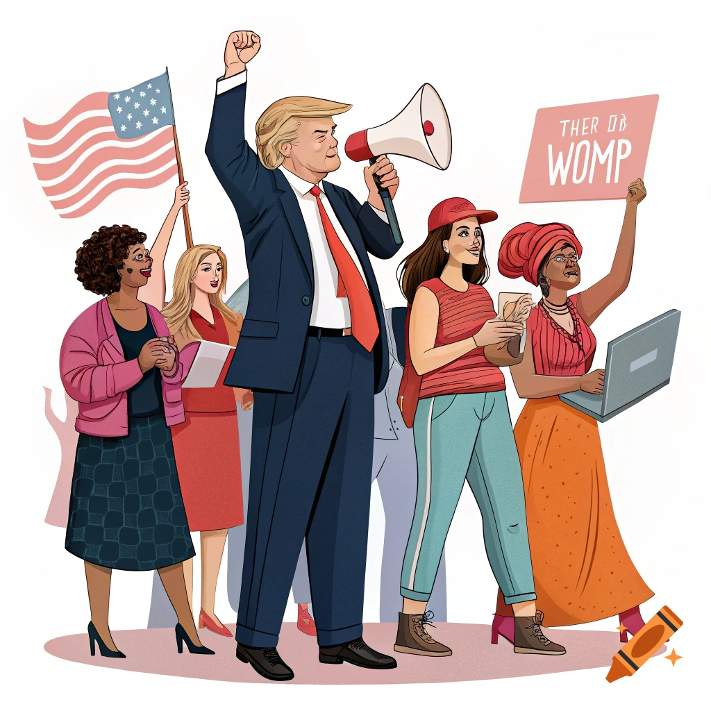 Cartoon illustration of a man resembling Trump speaking through a megaphone with women holding a US flag, a sign, and a laptop.