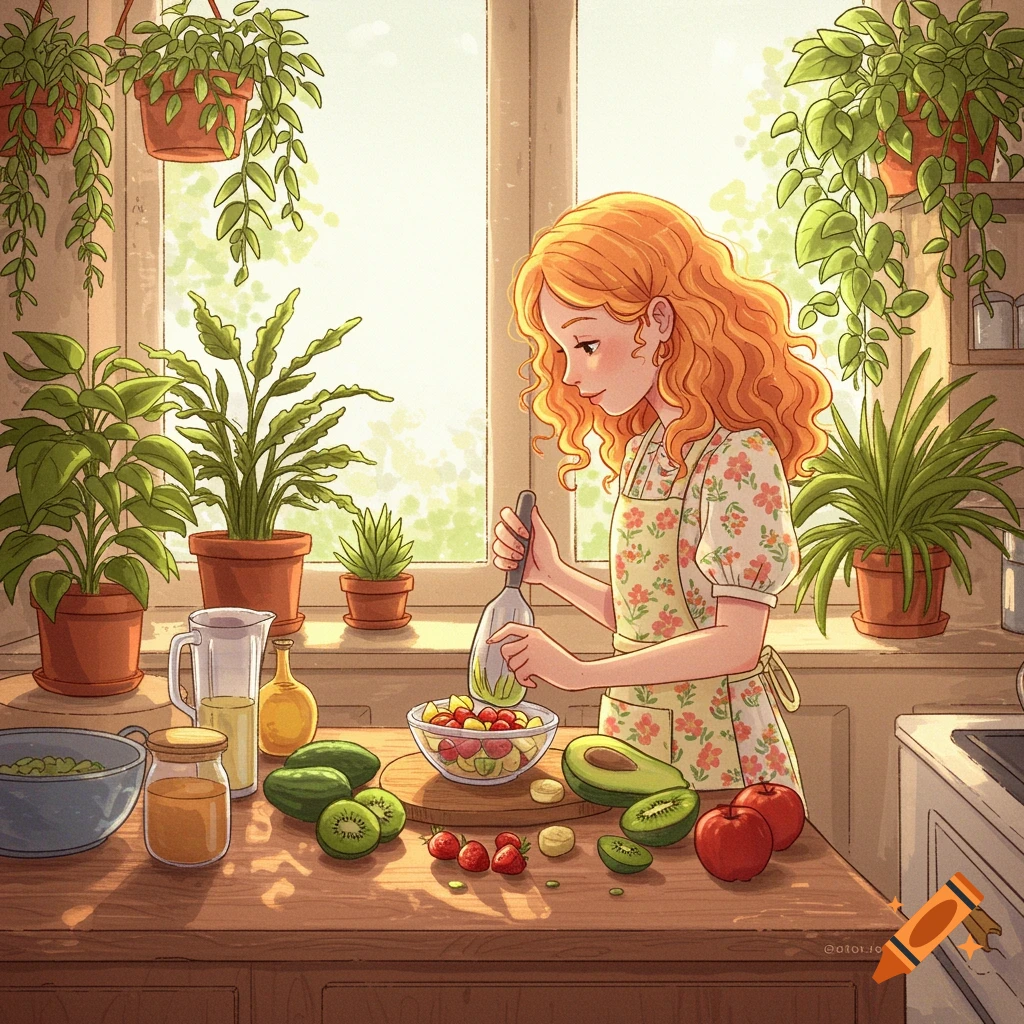 Detailed drawing of a woman making fruit salad in a sunny kitchen with plants.