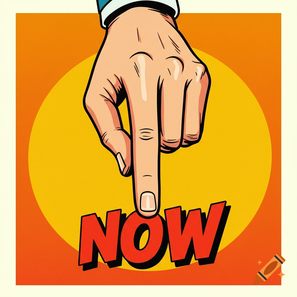 Illustration in pop art style shows a hand pointing down at the word "NOW".
