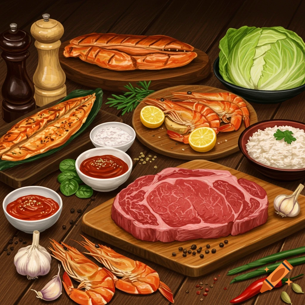 A variety of food ingredients including steak, shrimp, fish, cabbage, rice, garlic, and spices on a wooden table.