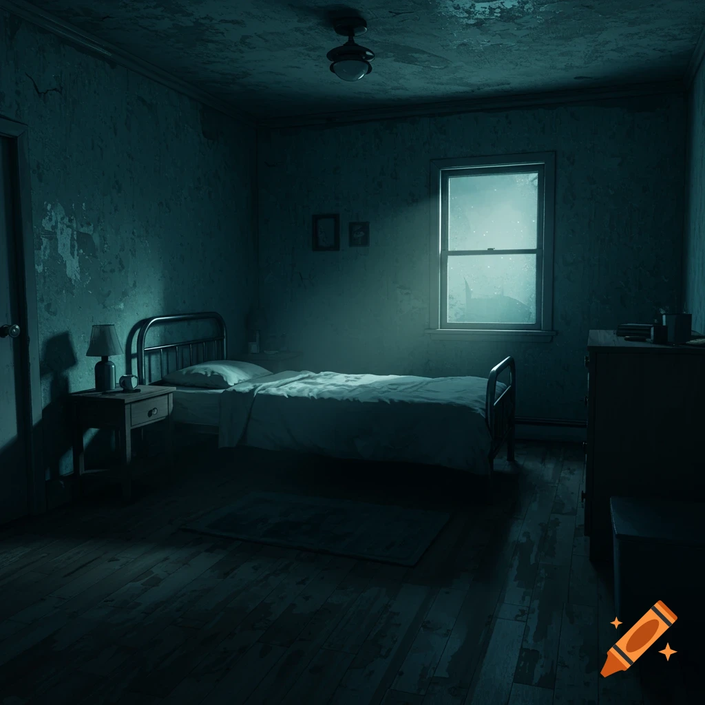 A dark, empty bedroom is lit by moonlight, creating a creepy, liminal atmosphere.