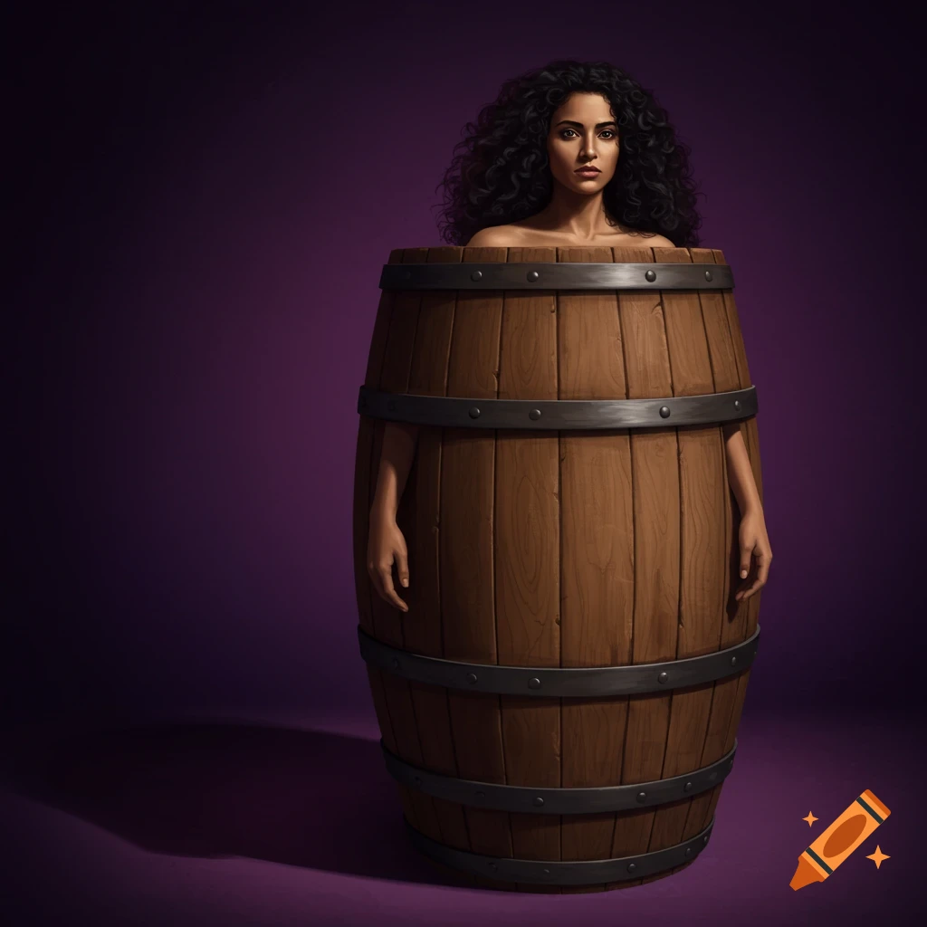 A woman with curly hair in a wooden barrel.