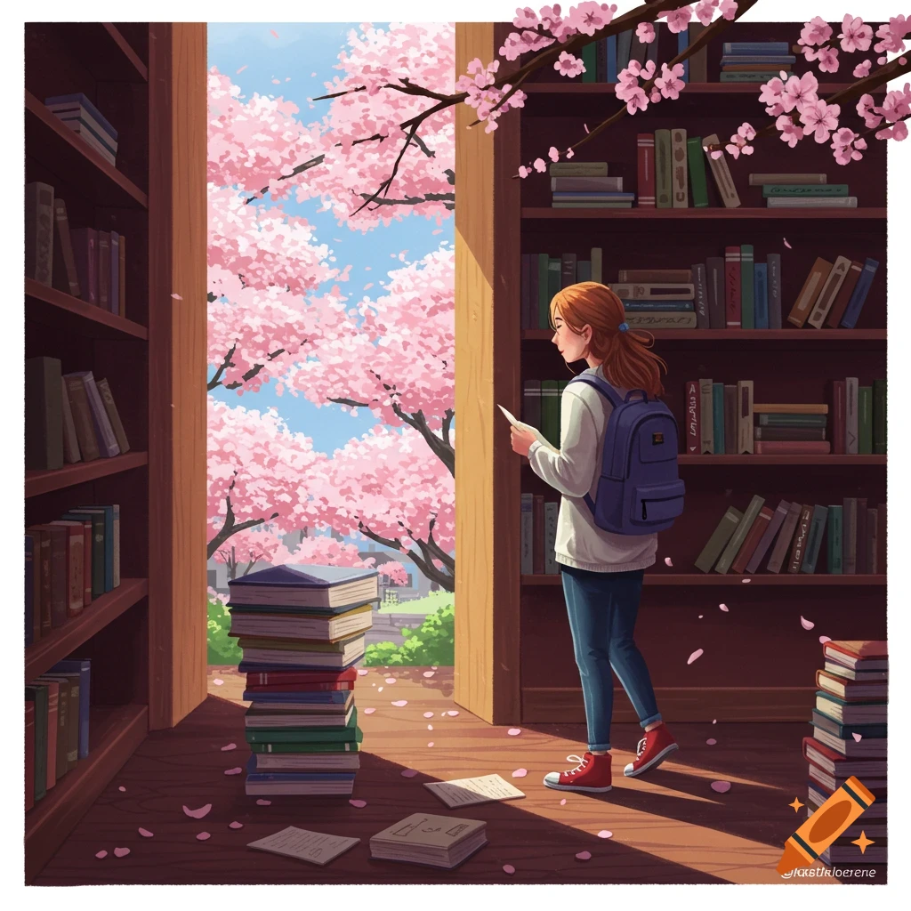 A student reads in a library, looking out at cherry blossom trees.