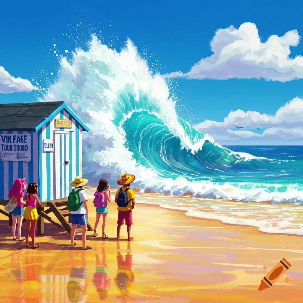 A group of people watch a large wave crash on a sunny beach with a striped beach hut.