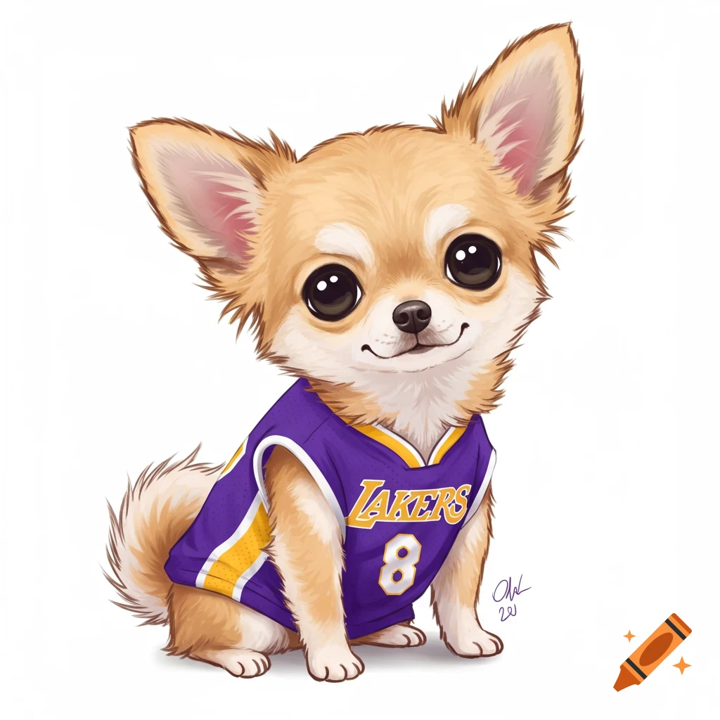 A cute chihuahua dog wears a purple and gold Lakers basketball jersey with the text "LAKERS 8".