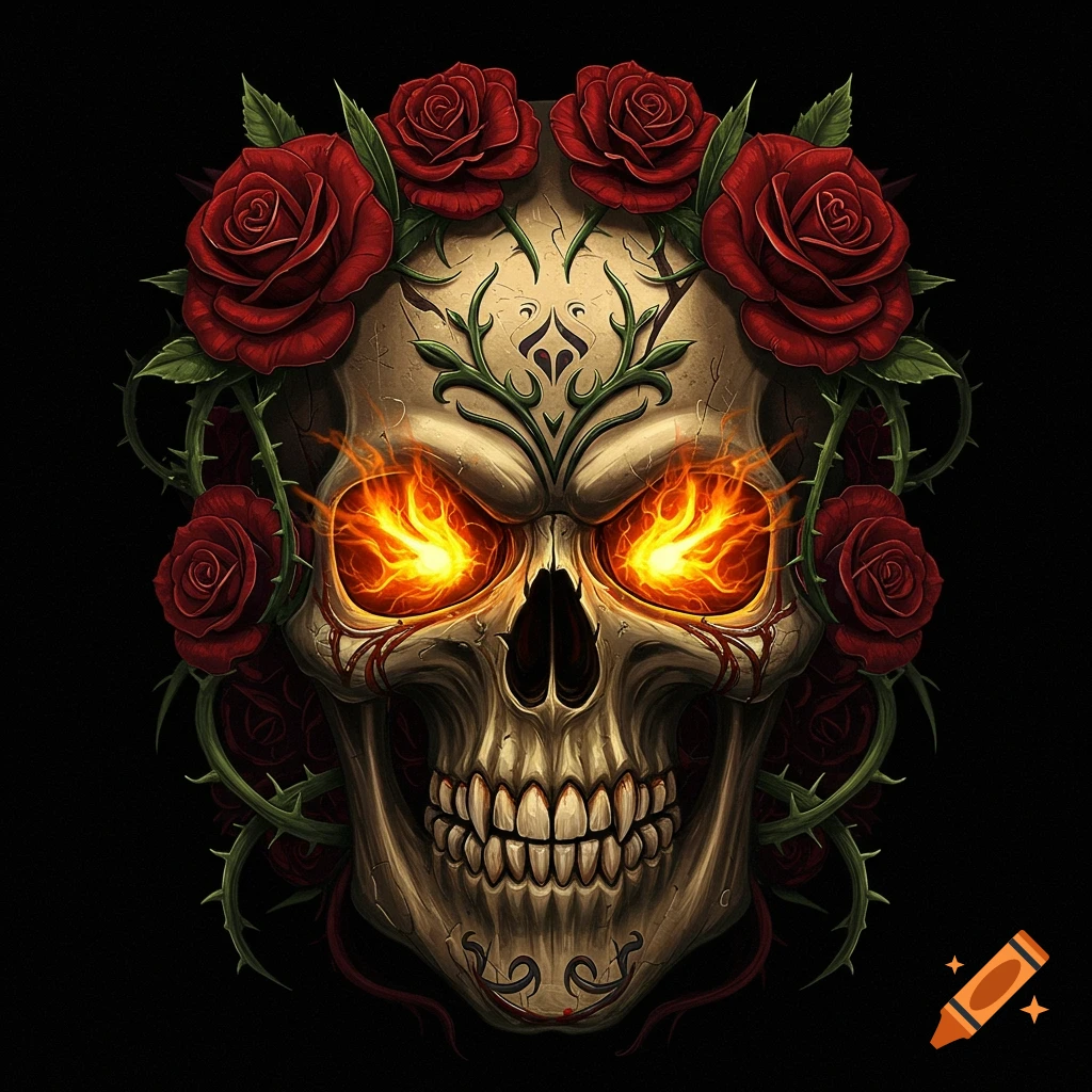 A stylized skull with flaming eyes is surrounded by a wreath of red roses and thorny vines on a black background.