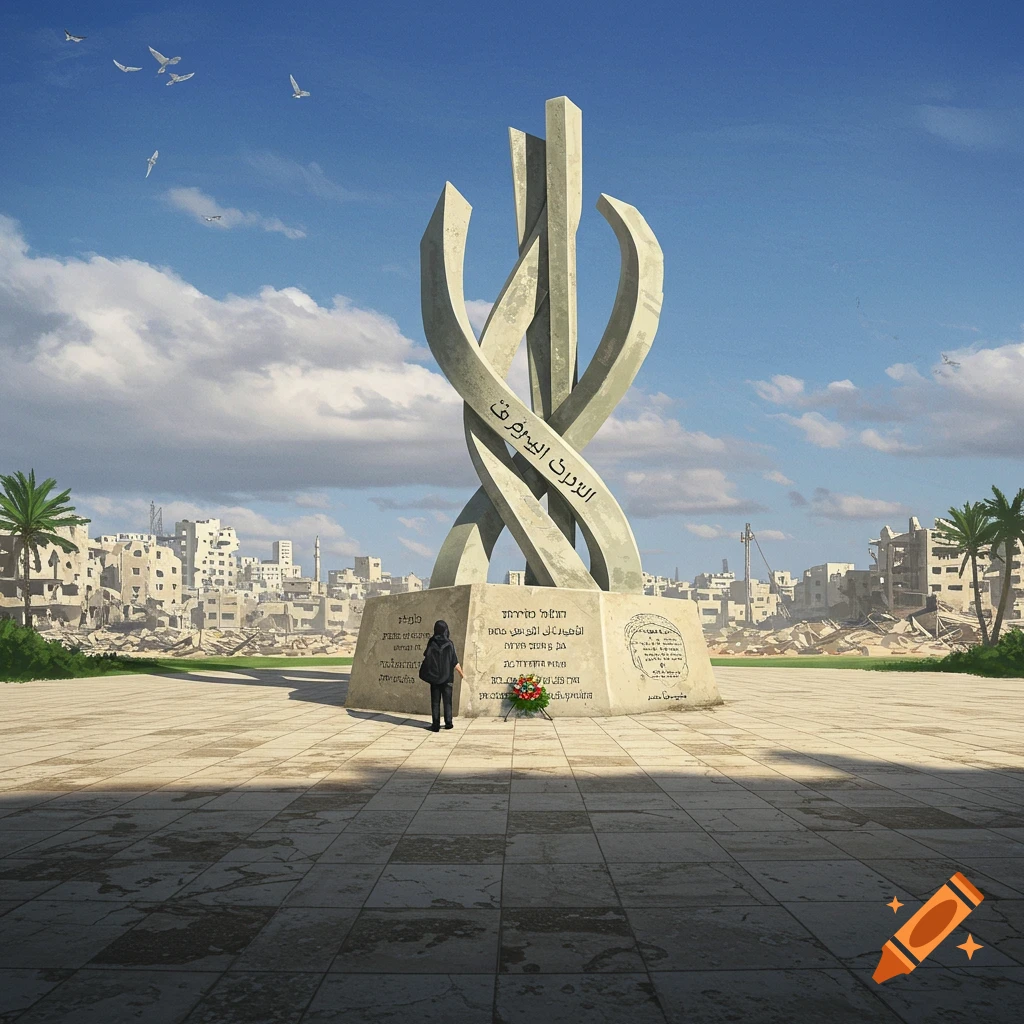 A person stands before a large, modern memorial in a ruined cityscape under a blue sky.