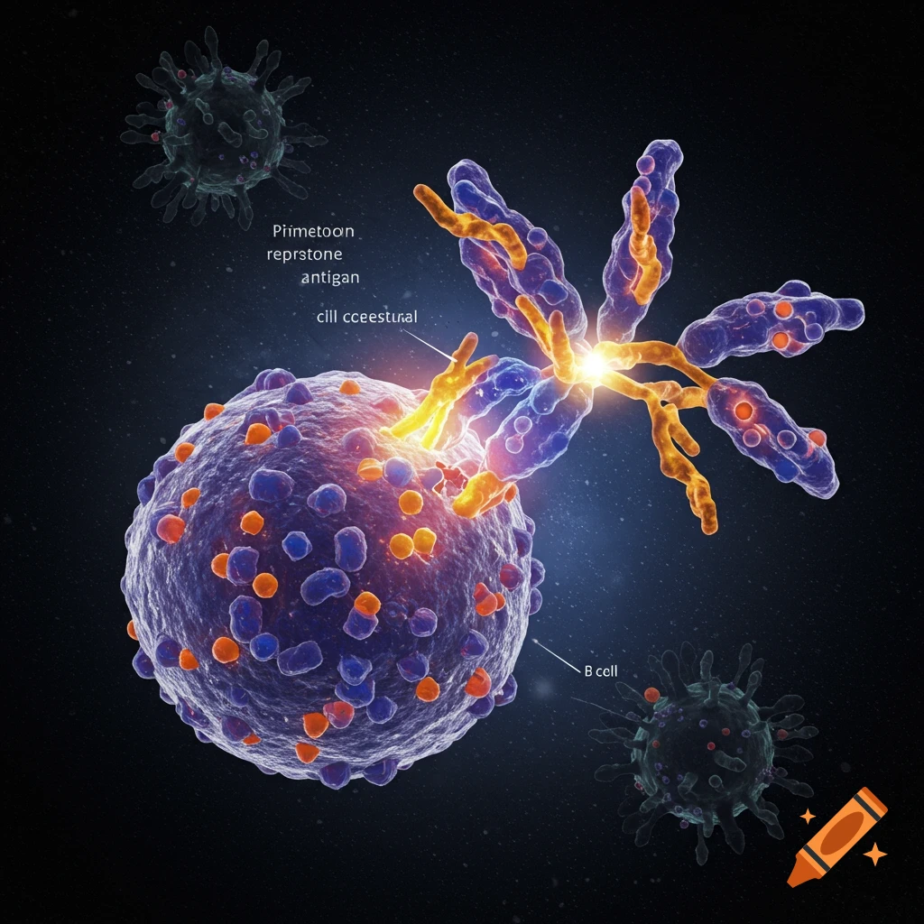 Scientific illustration of a B cell interacting with a pathogen via an antigen, with glowing connections.