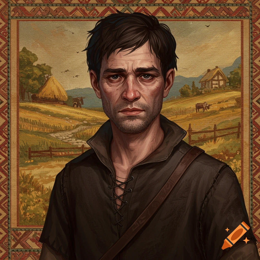Portrait of a stern man against a rustic field background.