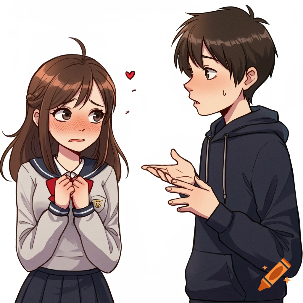 Drawn anime image of a girl blushing and looking nervous while a boy talks to her.