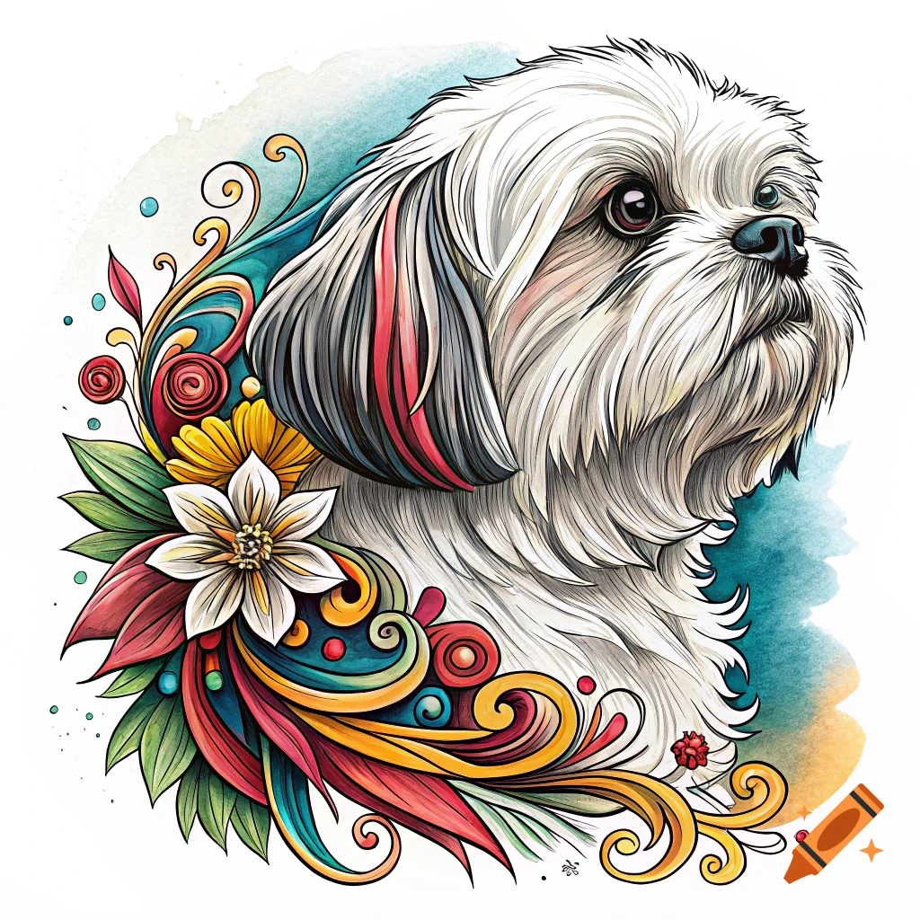 An illustration of a Shih Tzu dog's head with colorful decorative floral and swirl elements around its neck.