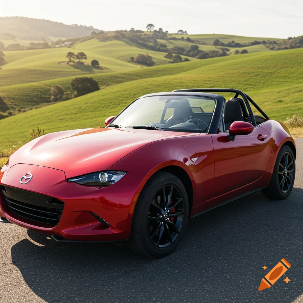 A red Mazda Miata convertible drives on a road through green, rolling hills under a sunny sky. A roll bar is visible behind the seats.