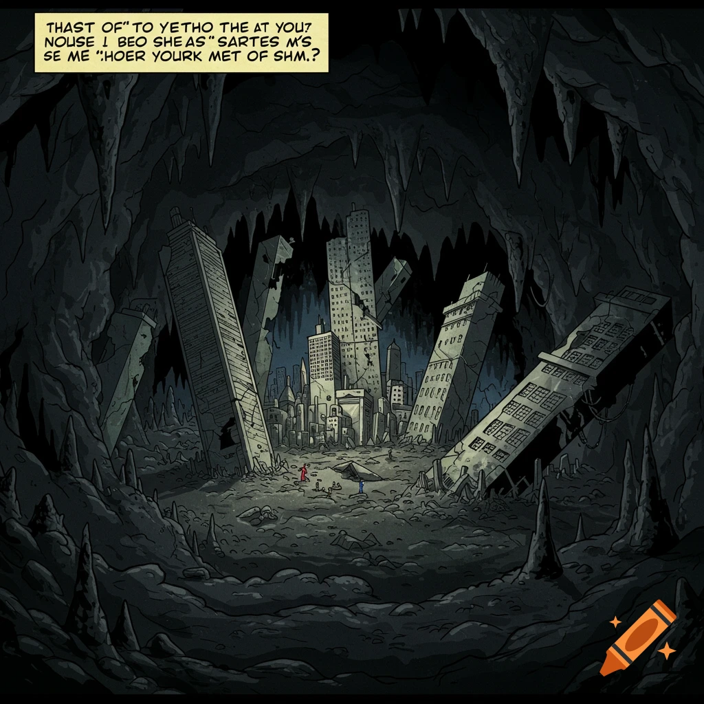 Ruined city in a dark cave with slanted buildings and stalactites, comic art style.