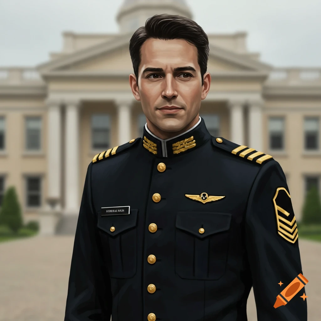A man in a black military dress uniform with gold insignia stands in front of a building.
