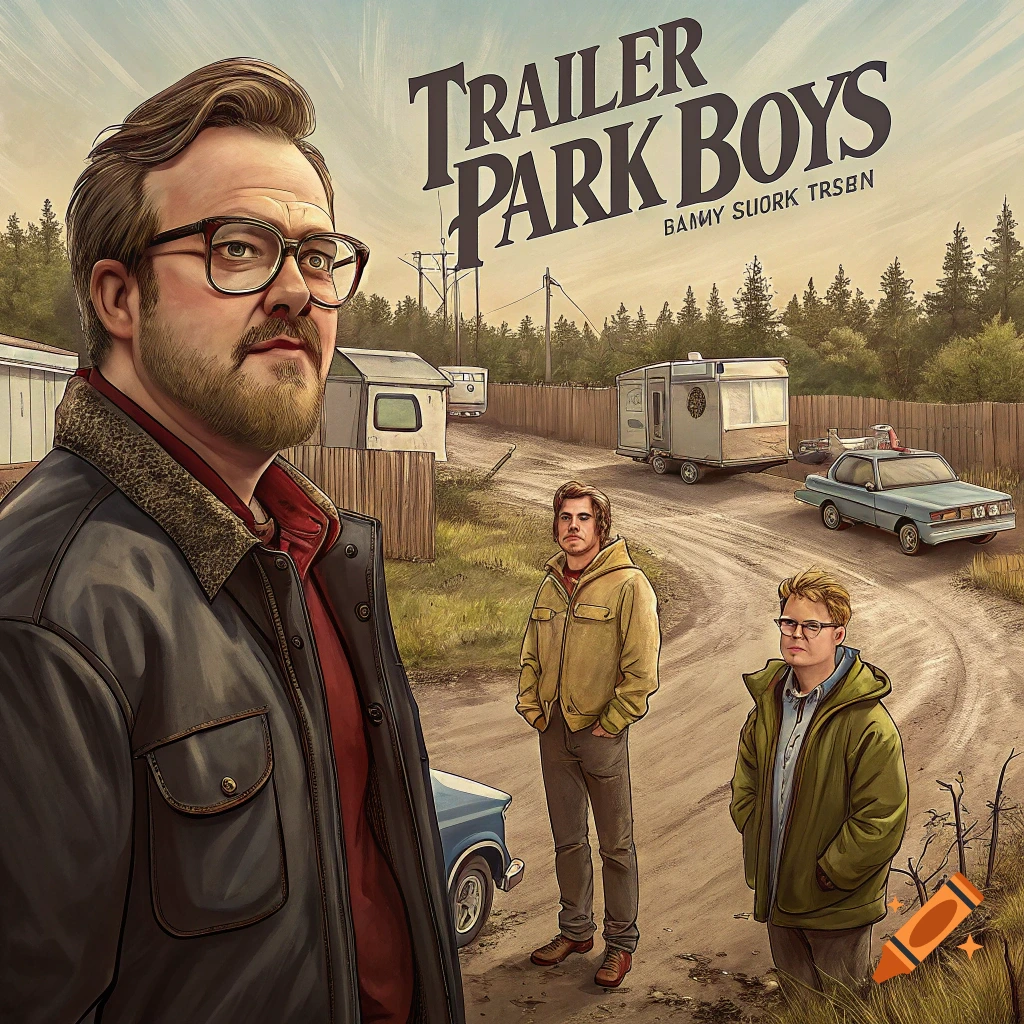 Stylized illustration of three men in a trailer park, with a car and trailer homes in the background. Text title reads 'TRAILER PARK BOYS'.