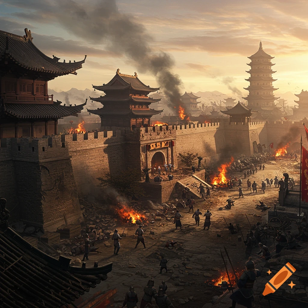 An ancient Chinese city is engulfed in war. Buildings and walls are burning, and soldiers are fighting amidst the destruction.