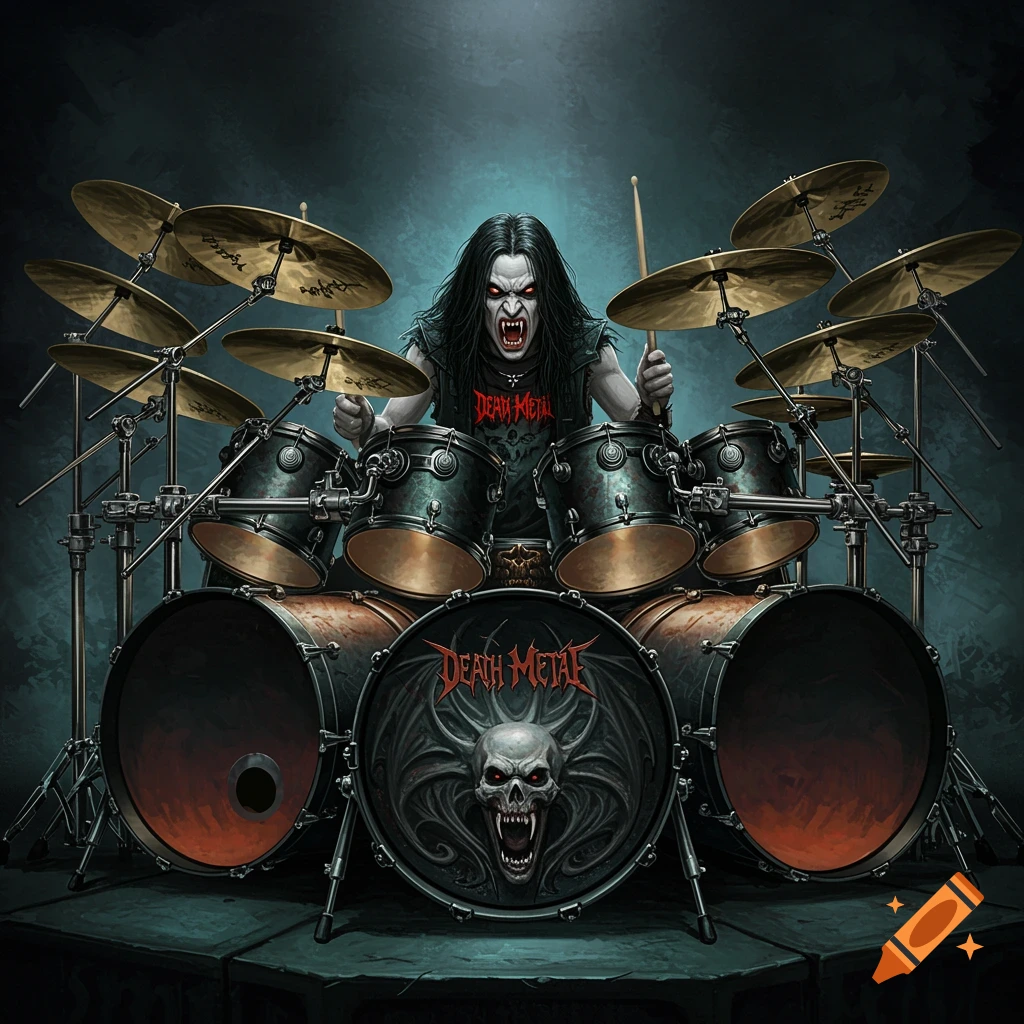 A vampire playing a huge death metal drum set with a skull logo, dark fantasy art.