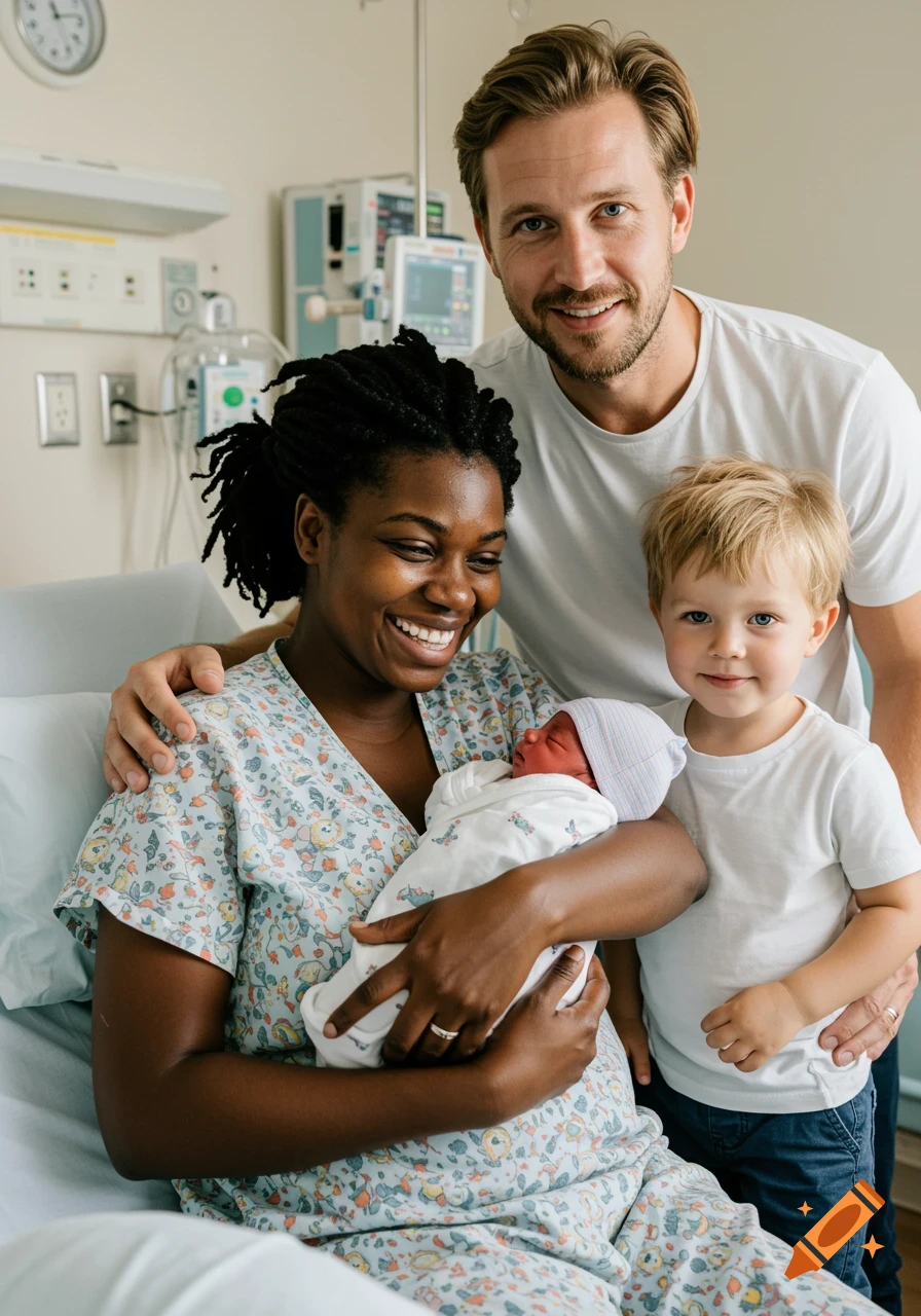 A family smiles, a mother holding a newborn baby in a hospital room with her husband and son.