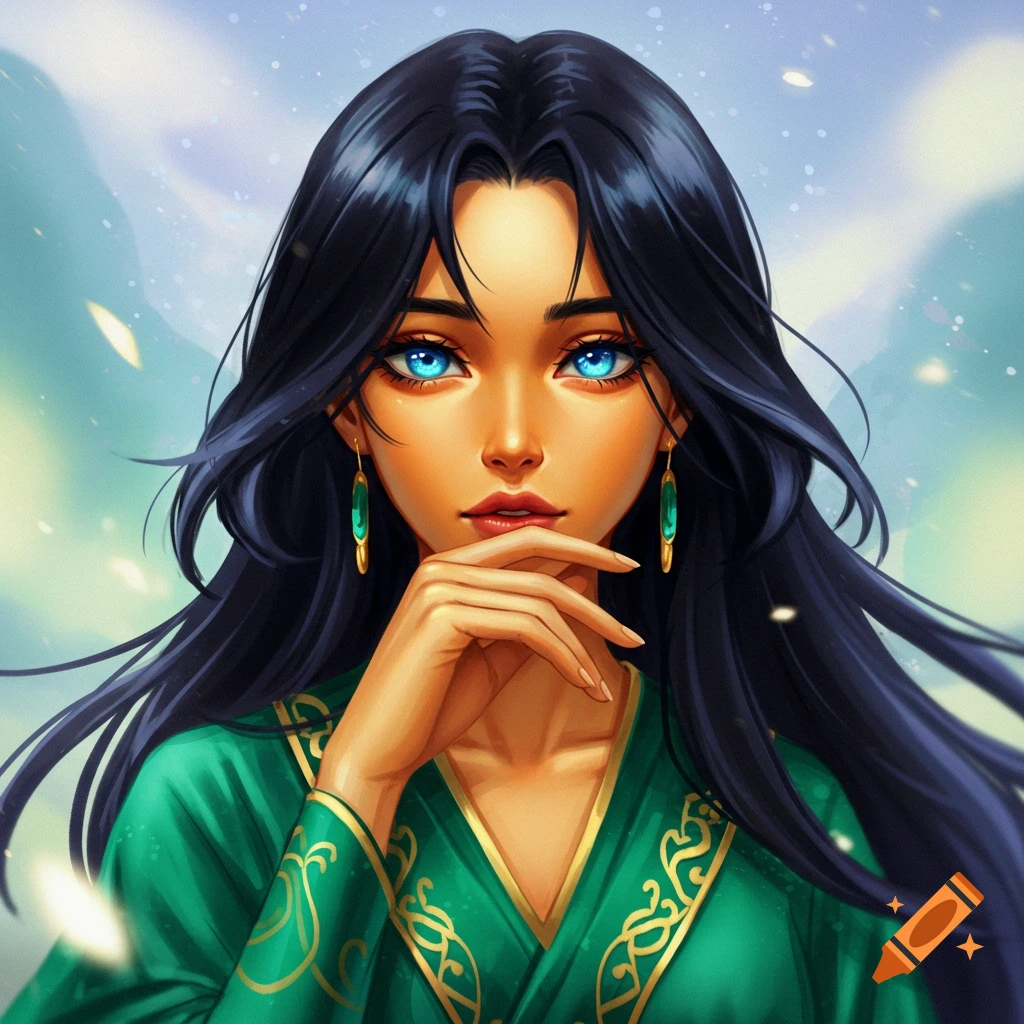 Painting of a woman with dark hair and bright blue eyes, wearing a green and gold garment, hand near chin. Mountains and falling snow/petals in background.