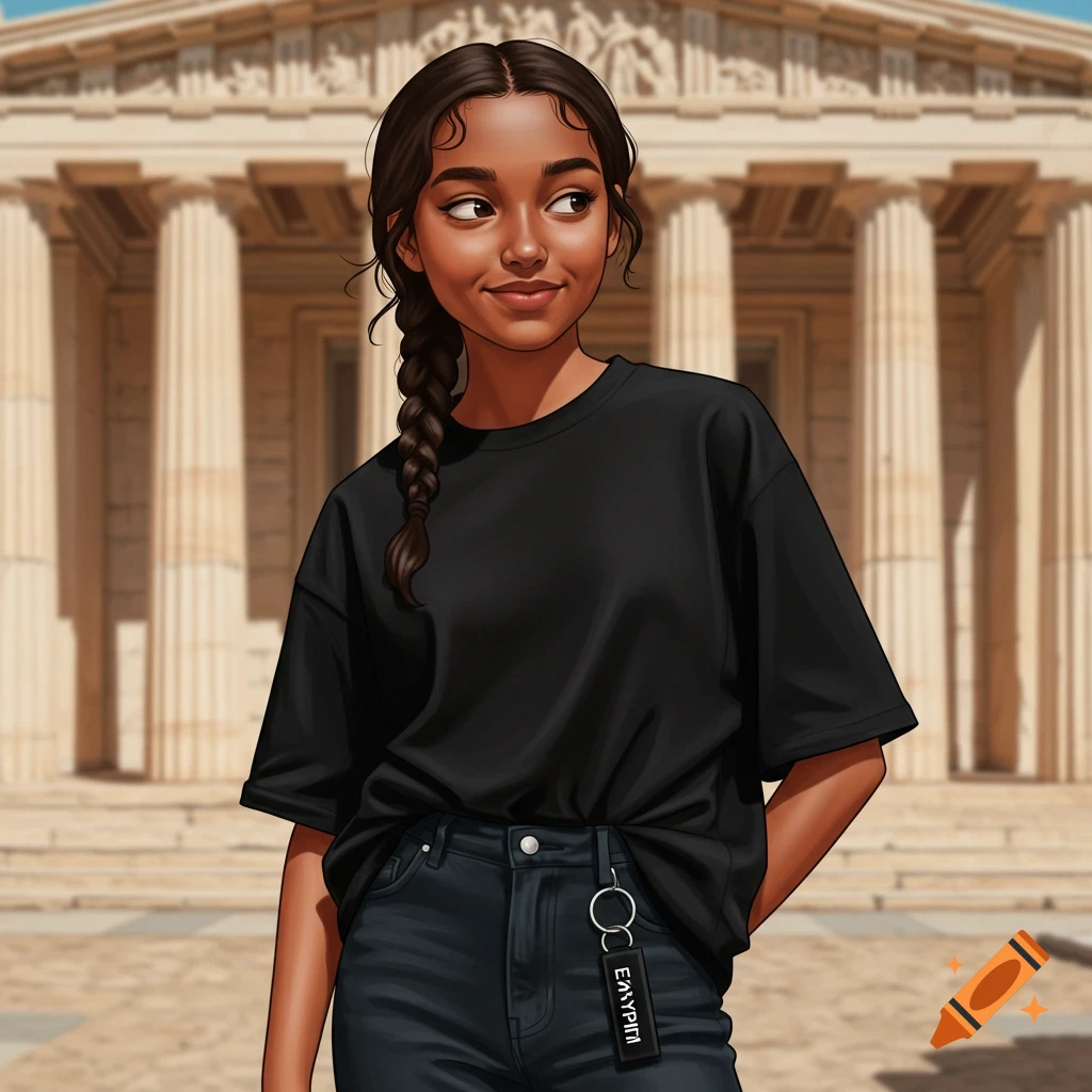 A young woman with a braid in a black t-shirt standing in front of a classical building.