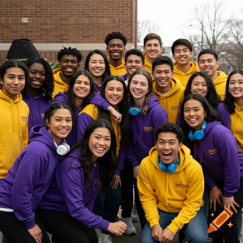 A group of diverse students in purple and yellow hoodies smile for a photo outdoors near a brick building.