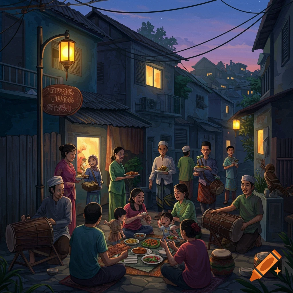 A community gathering enjoying a meal and playing drums in an evening street.